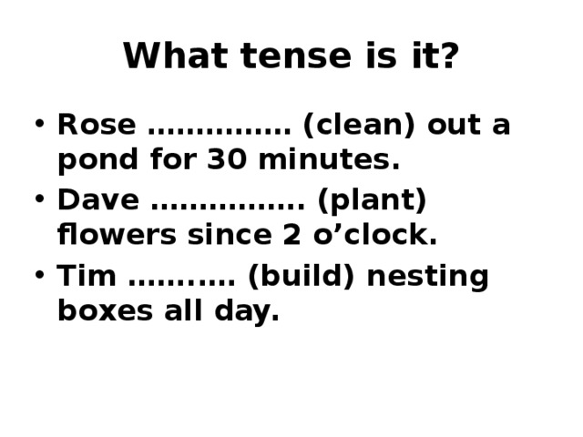 What tense is it? Rose …………… (clean) out a pond for 30 minutes. Dave ……………. (plant) flowers since 2 o’clock. Tim ……..… (build) nesting boxes all day. What tense is it? How do you know?  