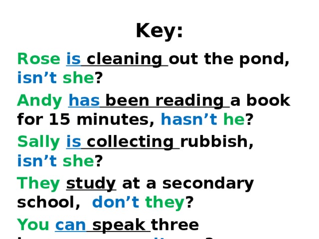 Key: Rose  is cleaning out the pond, isn’t  she ? Andy  has been reading a book for 15 minutes, hasn’t  he ? Sally  is collecting rubbish, isn’t  she ? They  study at a secondary school, don’t  they ? You  can speak three languages, can’t  you ? He has passed the exam, hasn’t  he ? 