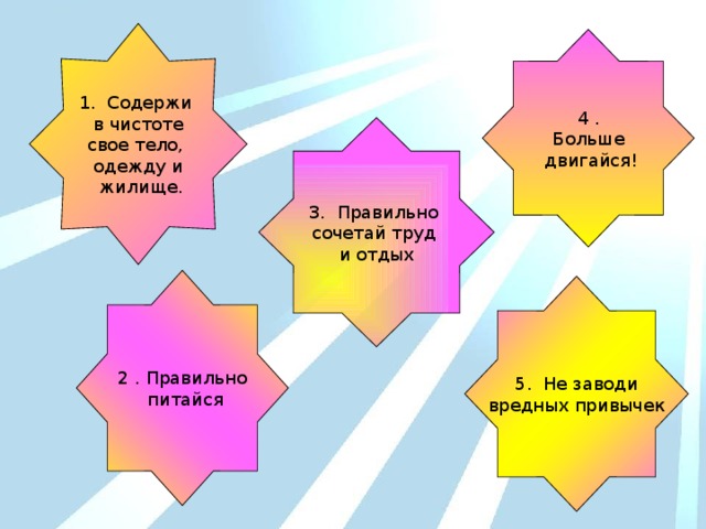 1. Содержи в чистоте свое тело, одежду и  жилище. 4 . Больше  двигайся! 3. Правильно сочетай труд и отдых 2 . Правильно  питайся 5. Не заводи вредных привычек 