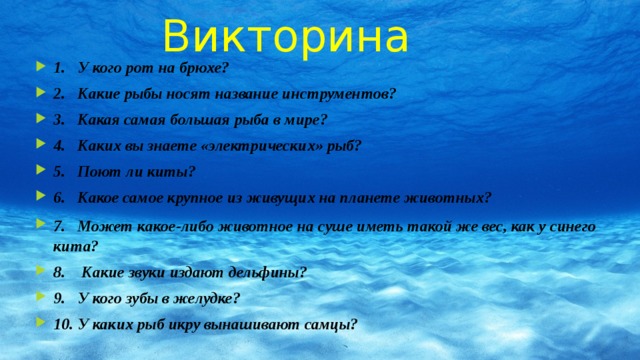 Викторина 1.  У кого рот на брюхе? 2.  Какие рыбы носят название инструментов? 3.  Какая самая большая рыба в мире? 4.  Каких вы знаете «электрических» рыб? 5.  Поют ли киты? 6.  Какое самое крупное из живущих на планете животных? 7.  Может какое-либо животное на суше иметь такой же вес, как у синего кита? 8. Какие звуки издают дельфины? 9. У кого зубы в желудке? 10.  У каких рыб икру вынашивают самцы?      