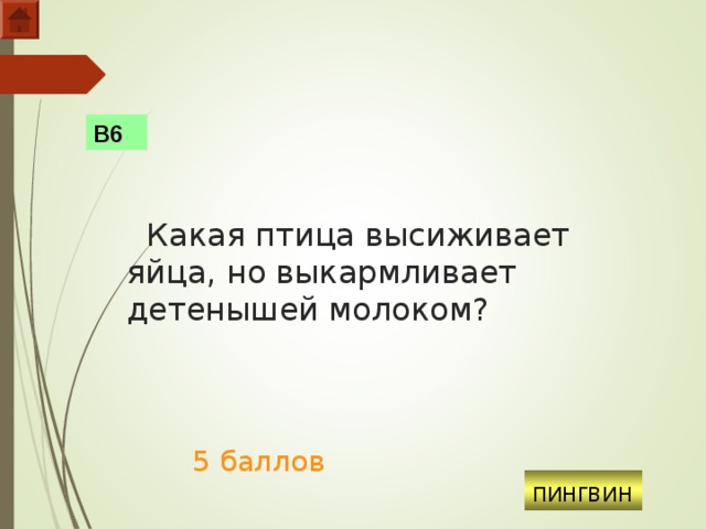     Какая птица высиживает яйца, но выкармливает детенышей молоком?    5 баллов В6 пингвин  