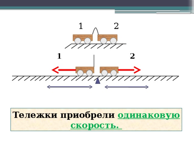 1 2 1 2 Тележки приобрели одинаковую скорость. 