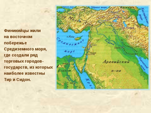    Финикийцы жили на восточном побережье Средиземного моря, где создали ряд торговых городов- государств, из которых наиболее известны Тир и Сидон.   