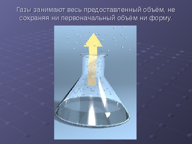 Газы занимают весь предоставленный объём, не сохраняя ни первоначальный объём ни форму.   