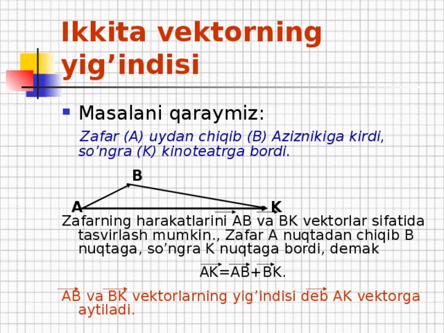 Ikkita vektorning yig’indisi Masalani qaraymiz :  Zafar (A) uydan chiqib (B) Aziznikiga kirdi, so’ngra (K) kinoteatrga bordi.  Zafarning harakatlarini  AB va  BK vektorlar sifatida tasvirlash mumkin. , Zafar A nuqtadan chiqib B nuqtaga, so’ngra K nuqtaga bordi, demak  AK=AB+BK . AB va BK vektorlarning yig’indisi deb AK vektorga aytiladi. B A K 
