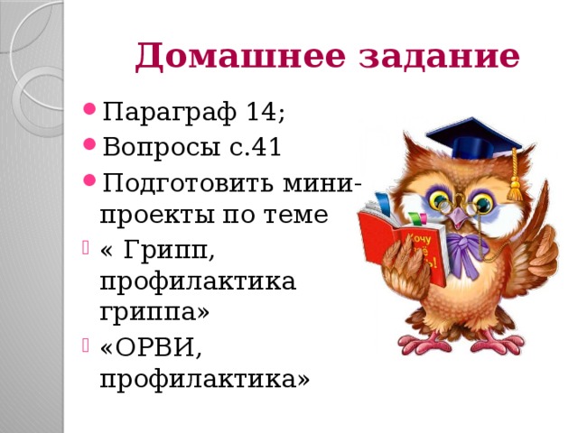 Домашнее задание Параграф 14; Вопросы с.41 Подготовить мини-проекты по теме « Грипп, профилактика гриппа» «ОРВИ, профилактика» 