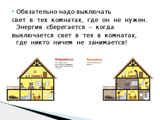 Обязательно надо выключать свет в тех комнатах, где он не нужен. Энергия сберегается – когда выключается свет в тех в комнатах, где никто ничем не занимается! 