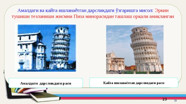 Амалдаги ва қайта ишланаётган дарсликдаги ўзгаришга мисол: Эркин тушиши тезланиши жисмни Пиза минорасидан ташлаш орқали аниқланган Қайта ишланаётган дарсликдаги расм Амалдаги дарсликдаги расм 16 