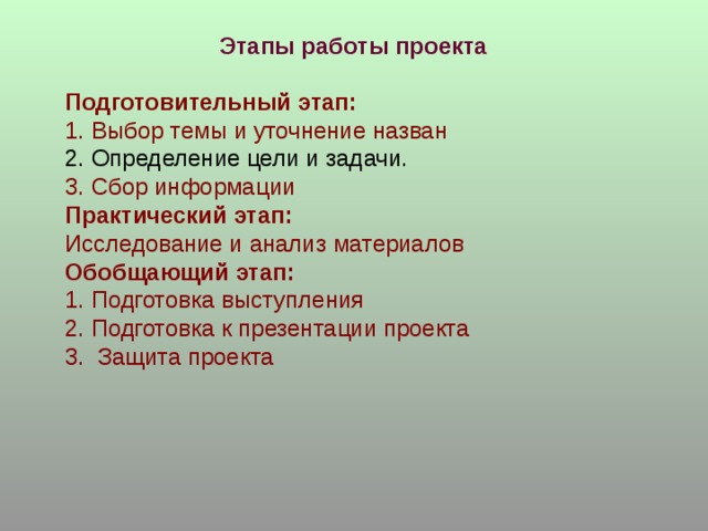 Этапы работы проекта  Подготовительный этап: Выбор темы и уточнение назван Определение цели и задачи. 3. Сбор информации Практический этап: Исследование и анализ материалов Обобщающий этап: 1. Подготовка выступления 2. Подготовка к презентации проекта 3. Защита проекта 