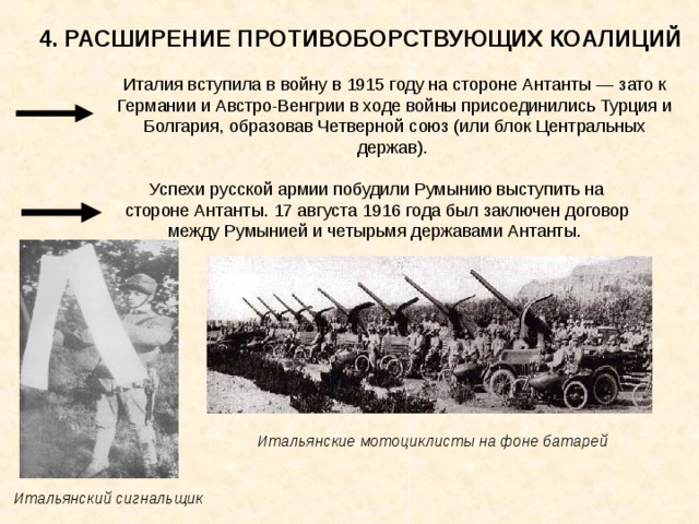 4. РАСШИРЕНИЕ ПРОТИВОБОРСТВУЮЩИХ КОАЛИЦИЙ Италия вступила в войну в 1915 году на стороне Антанты — зато к Германии и Австро-Венгрии в ходе войны присоединились Турция и Болгария, образовав Четверной союз (или блок Центральных держав). Успехи русской армии побудили Румынию выступить на стороне Антанты. 17 августа 1916 года был заключен договор между Румынией и четырьмя державами Антанты. Итальянские мотоциклисты на фоне батарей Итальянский сигнальщик 