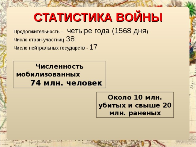 СТАТИСТИКА ВОЙНЫ Продолжительность – четыре года (1568 дня ) Число стран-участниц 38 Число нейтральных государств - 17 Численность мобилизованных 74 млн. человек Около 10 млн. убитых и свыше 20 млн. раненых 