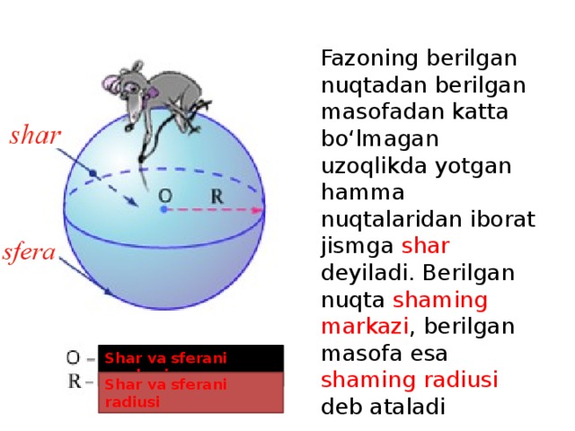 . Fazoning berilgan nuqtadan berilgan masofadan katta bo‘lmagan uzoqlikda yotgan hamma nuqtalaridan iborat jismga shar deyiladi. Berilgan nuqta shaming markazi , berilgan masofa esa shaming radiusi deb ataladi Shar va sferani markazi Shar va sferani radiusi 