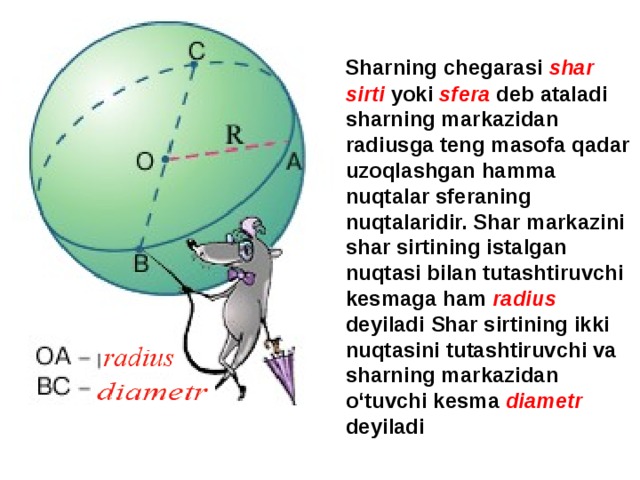  Sharning chegarasi shar sirti  yoki sfera deb ataladi sharning markazidan radiusga teng masofa qadar uzoqlashgan hamma nuqtalar sferaning nuqtalaridir. Shar markazini shar sirtining istalgan nuqtasi bilan tutashtiruvchi kesmaga ham radius deyiladi Shar sirtining ikki nuqtasini tutashtiruvchi va sharning markazidan o‘tuvchi kesma diametr  deyiladi 
