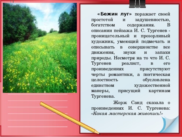  «Бежин луг»  поражает своей простотой и задушевностью, богатством содержания. В описании пейзажа И. С. Тургенев - проницательный и прозорливый художник, умеющий подмечать и описывать в совершенстве все движения, звуки и запахи природы. Несмотря на то что И. С. Тургенев реалист, в его произведениях присутствуют черты романтики, а поэтическая целостность обусловлена единством художественной манеры, присущий картинам Тургенева.  Жорж Санд сказала о произведениях И. С. Тургенева: «Какая мастерская живопись!» 