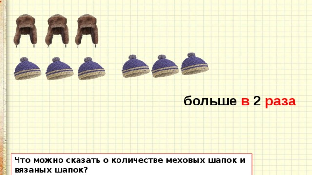 больше в 2 раза Что можно сказать о количестве меховых шапок и вязаных шапок? 