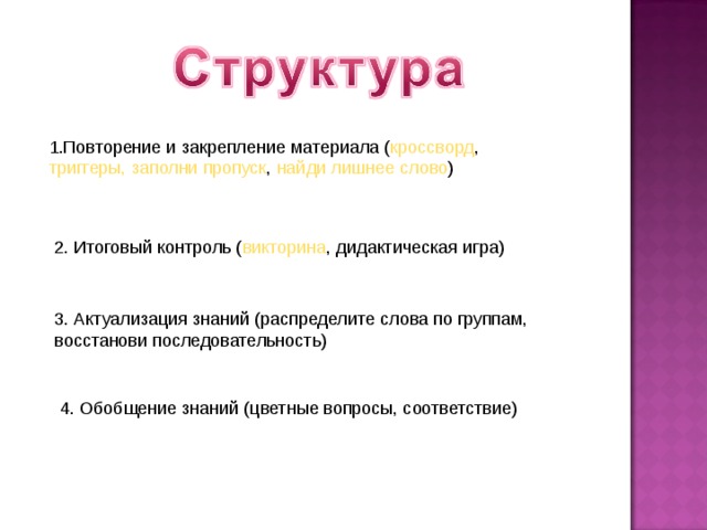 1.Повторение и закрепление материала ( кроссворд , триггеры,  заполни пропуск , найди лишнее слово ) 2. Итоговый контроль ( викторина , дидактическая игра) 3. Актуализация знаний (распределите слова по группам, восстанови последовательность) 4. Обобщение знаний (цветные вопросы, соответствие) 
