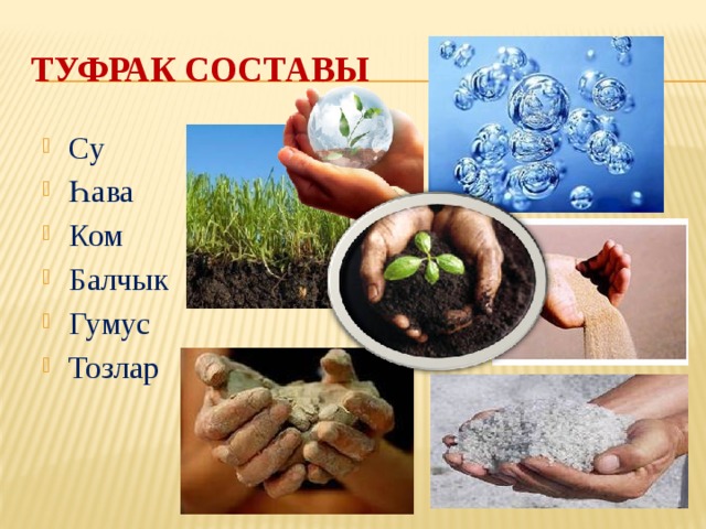 Туфрак составы Су Һава Ком Балчык Гумус Тозлар  