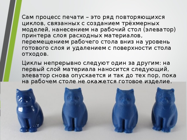 Сам процесс печати – это ряд повторяющихся циклов, связанных с созданием трёхмерных моделей, нанесением на рабочий стол (элеватор) принтера слоя расходных материалов, перемещением рабочего стола вниз на уровень готового слоя и удалением с поверхности стола отходов. Циклы непрерывно следуют один за другим: на первый слой материала наносится следующий, элеватор снова опускается и так до тех пор, пока на рабочем столе не окажется готовое изделие. 