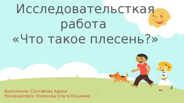 Исследовательсткая работа  «Что такое плесень?» Выполнила: Султанова Адиля Руководитель: Колесова Ольга Юрьевна  