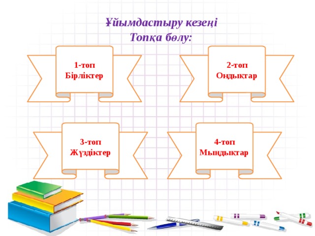 Ұйымдастыру кезеңі Топқа бөлу:     2-топ 1-топ Ондықтар Бірліктер 3-топ 4-топ Мыңдықтар Жүздіктер 