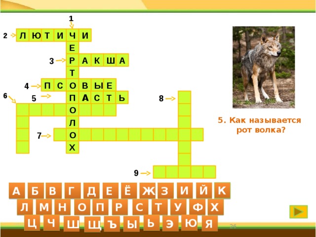 1 И 2 Ч И Т Ю Л Е 3 А Р А Ш К Т 4 С П О Е Ы В 6 Ь Т С П А 5  8      О    5. Как называется рот волка? Л     О        7    Х    9      И Й К А Б В Г Д Е Ё Ж З С Л М Н О П Р Т Х У Ф Ц Ч Ь Ю Я Э Ш Ъ Ы Щ 26 26 