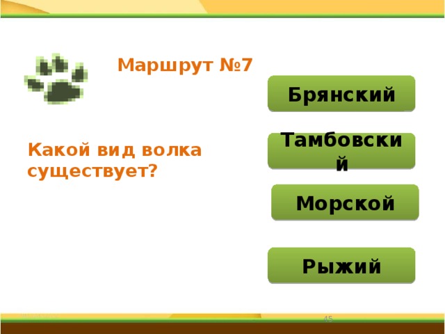 Маршрут №7 Брянский Тамбовский Какой вид волка существует? Морской Рыжий 31 