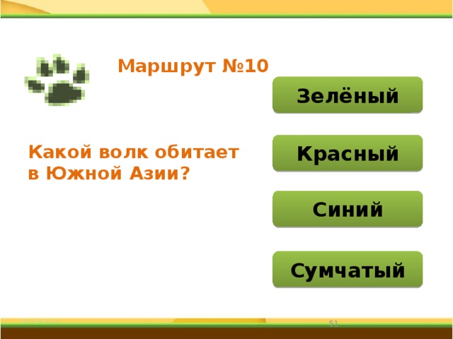 Маршрут №10 Зелёный Красный Какой волк обитает в Южной Азии? Синий Сумчатый 31 