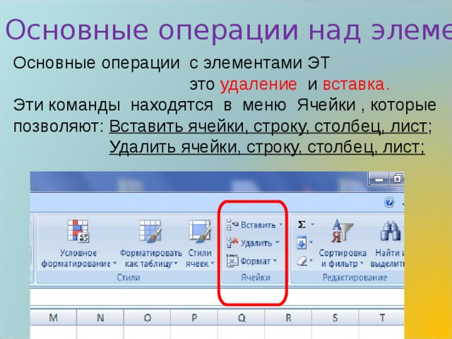 Основные операции над элементами ЭТ Основные операции с элементами ЭТ  это удаление и вставка. Эти команды находятся в меню Ячейки , которые позволяют: Вставить ячейки, строку, столбец, лист ;  Удалить ячейки, строку, столбец, лист;  Удалить ячейки, строку, столбец, лист; 