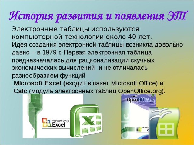 Электронные таблицы используются компьютерной технологии около 40 лет. Идея создания электронной таблицы возникла довольно давно – в 1979 г. Первая электронная таблица предназначалась для рационализации скучных экономических вычислений и не отличалась разнообразием функций  Microsoft Excel ( входит в пакет Microsoft Office) и  Calc (модуль электронных таблиц OpenOffice.org). 