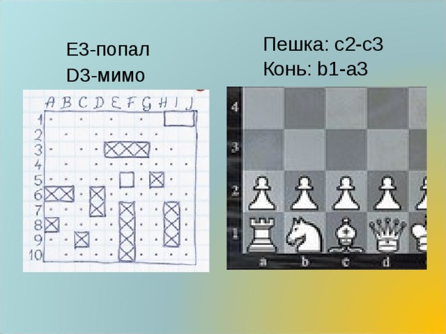 Пешка: с2-с3 Конь: b1-a3 Е3-попал D3-мимо 