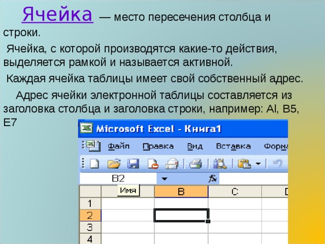  Ячейка  — место пересечения столбца и строки.  Ячейка, с которой производятся какие-то действия, выделяется рамкой и называется активной.  Каждая ячейка таблицы имеет свой собственный адрес.  Адрес ячейки электронной таблицы составляется из заголовка столбца и заголовка строки, например: Al, B5, E7 