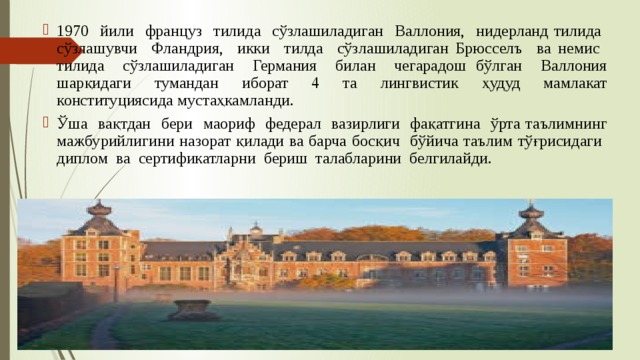 1970 йили француз тилида сўзлашиладиган Валлония, нидерланд тилида сўзлашувчи Фландрия, икки тилда сўзлашиладиган Брюсселъ ва немис тилида сўзлашиладиган Германия билан чегарадош бўлган Валлония шарқидаги тумандан иборат 4 та лингвистик ҳудуд мамлакат конституциясида мустаҳкамланди. Ўша вақтдан бери маориф федерал вазирлиги фақатгина ўрта таълимнинг мажбурийлигини назорат қилади ва барча босқич бўйича таълим тўғрисидаги диплом ва сертификатларни бериш талабларини белгилайди. 