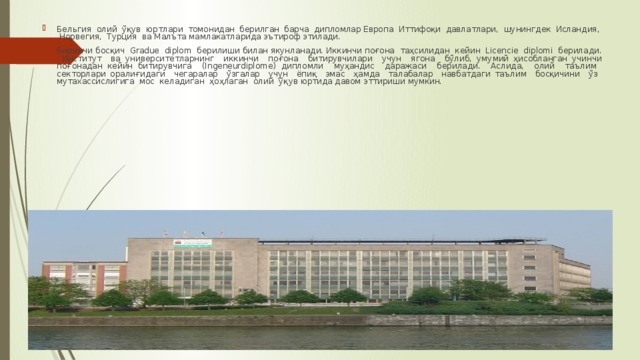 Бельгия олий ўқув юртлари томонидан берилган барча дипломлар Европа Иттифоқи давлатлари, шунингдек Исландия, Норвегия, Турция ва Малъта мамлакатларида эътироф этилади. Биринчи босқич Gradue diplom берилиши билан якунланади. Иккинчи поғона таҳсилидан кейин Licencie diplomi берилади. Институт ва университетларнинг иккинчи поғона битирувчилари учун ягона бўлиб, умумий ҳисобланган учинчи поғонадан кейин битирувчига (Ingeneurdiplome) дипломли муҳандис даражаси берилади. Аслида, олий таълим секторлари оралиғидаги чегаралар ўзгалар учун ёпиқ эмас ҳамда талабалар навбатдаги таълим босқичини ўз мутахассислигига мос келадиган ҳоҳлаган олий ўқув юртида давом эттириши мумкин. 