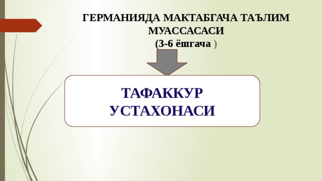ГЕРМАНИЯДА МАКТАБГАЧА ТАЪЛИМ МУАССАСАСИ  (3-6 ёшгача ) ТАФАККУР УСТАХОНАСИ 