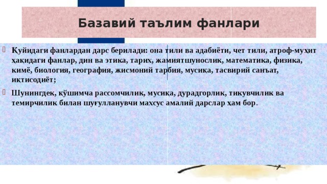 Базавий таълим фанлари Қуйидаги фанлардан дарс берилади: она тили ва адабиёти, чет тили, атроф-муҳит ҳақидаги фанлар, дин ва этика, тарих, жамиятшунослик, математика, физика, кимё, биология, география, жисмоний тарбия, мусиқа, тасвирий санъат, иқтисодиёт; Шунингдек, қўшимча рассомчилик, мусиқа, дурадгорлик, тикувчилик ва темирчилик билан шуғулланувчи махсус амалий дарслар ҳам бор . 
