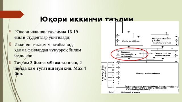 Юқори иккинчи таълим  Юқори иккинчи таълимда 16-19 ёшли студентлар ўқитилади; Иккинчи таълим мактабларида ҳамма фанлардан чуқурроқ билим берилади; Таълим 3 йилга мўлжалланган, 2 йилда ҳам тугатиш мумкин. Мах 4 йил. 
