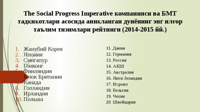 The Social Progress Imperative компанияси ва БМТ тадқиқотлари асосида аниқланган дунёнинг энг илғор таълим тизимлари рейтинги (2014-2015 йй.) 11. Дания 12. Германия Жанубий Корея Япония Сингапур Гонконг Финляндия Буюк Британия Канада Голландия Ирландия Польша 13. Россия 14. АҚШ 15. Австралия 16. Янги Зеландия 17. Исроил 18. Бельгия 19. Чехия 20 . Швейцария 