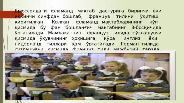 Брюсселдаги фламанд мактаб дастурига биринчи ёки иккинчи синфдан бошлаб, француз тилини ўқитиш киритилган. Қолган фламанд мактабларининг кўп қисмида бу фан бошланғич мактабнинг 3-босқичида ўргатилади. Мамлакатнинг француз тилида сўзлашувчи қисмида ўқувчининг ҳоҳишига кўра инглиз ёки нидерланд тиллари ҳам ўргатилади. Герман тилида сўзлашувчи қисмида француз тили мажбурий тарзда ўқитилади. 