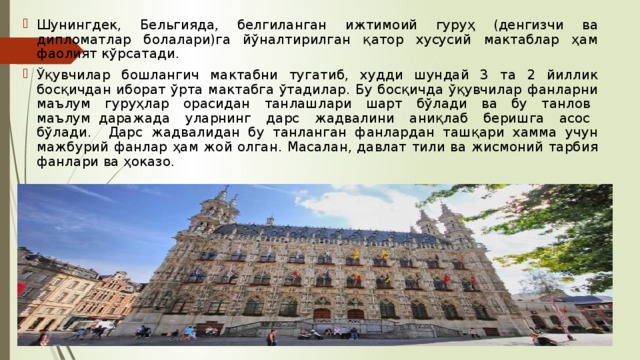 Шунингдек, Бельгияда, белгиланган ижтимоий гуруҳ (денгизчи ва дипломатлар болалари)га йўналтирилган қатор хусусий мактаблар ҳам фаолият кўрсатади. Ўқувчилар бошлангич мактабни тугатиб, худди шундай 3 та 2 йиллик босқичдан иборат ўрта мактабга ўтадилар. Бу босқичда ўқувчилар фанларни маълум гуруҳлар орасидан танлашлари шарт бўлади ва бу танлов маълум даражада уларнинг дарс жадвалини аниқлаб беришга асос бўлади. Дарс жадвалидан бу танланган фанлардан ташқари хамма учун мажбурий фанлар ҳам жой олган. Масалан, давлат тили ва жисмоний тарбия фанлари ва ҳоказо. 