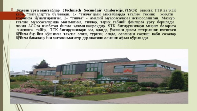 Техник ўрта мактаблар (Technisch Secundair Onderwijs, (TSO)) иккита: ТТК ва SТК каби “типчалар”га бўлинади. 1- “типча”даги мактабларда таълим техник жиҳати томонига йўналтирилган, 2- “типча” - амалий муассасаларга ихтисослашган. Мазкур таълим муассасаларида математика, тиллар, тарих, табиий фанларга урғу берилади, лекин АСОга нисбатан билим ҳажми камроқдир. SТК битирувчилари меҳнат бозорига чиқишга тайёр, ТТК битирувчилари эса, одатда, ўқишни давом эттиришни: ихтисоси бўйича бир йил қўшимча таҳсил олиш, туризм, савдо, соғлиқни сақлаш каби соҳалар бўйича бакалавр ёки ҳаттоки магистр даражасини олишни афзал кўришади. 
