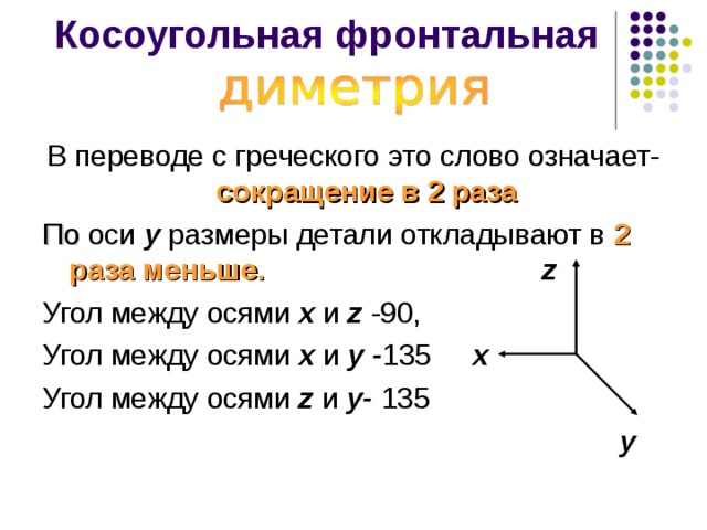 Косоугольная фронтальная В переводе с греческого это слово означает- сокращение в 2 раза По  оси y  размеры детали откладывают в 2 раза меньше. z  Угол между осями х и z -90, Угол между осями х и у - 135 х Угол между осями z и у- 135  у  