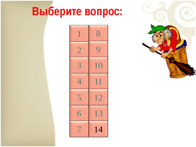 Выберите вопрос: 1 8 9 2 3 10 11 4 5 12 6 13 14 7 