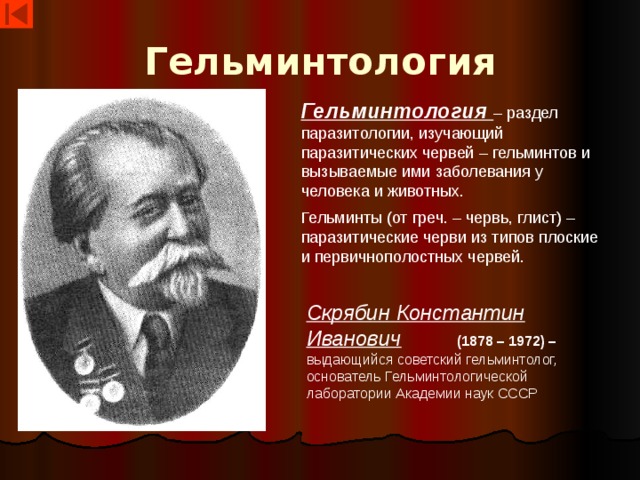 Гельминтология Гельминтология – раздел паразитологии, изучающий паразитических червей – гельминтов и вызываемые ими заболевания у человека и животных. Гельминты (от греч. – червь, глист) – паразитические черви из типов плоские и первичнополостных червей. Скрябин Константин Иванович (1878 – 1972) – выдающийся советский гельминтолог, основатель Гельминтологической лаборатории Академии наук СССР 
