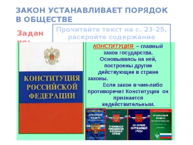 Закон устанавливает порядок в обществе Прочитайте текст на с. 23-25, раскройте содержание данного тезиса. Задание: Как называется основной закон страны? 