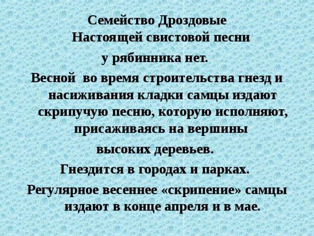 Семейство Дроздовые  Настоящей свистовой песни у рябинника нет. Весной  во время строительства гнезд и насиживания кладки самцы издают скрипучую песню, которую исполняют, присаживаясь на вершины высоких деревьев. Гнездится в городах и парках. Регулярное весеннее «скрипение» самцы издают в конце апреля и в мае.