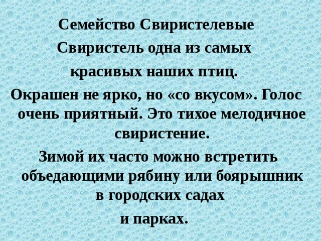 Семейство Свиристелевые Свиристель одна из самых красивых наших птиц. Окрашен не ярко, но «со вкусом». Голос очень приятный. Это тихое мелодичное свиристение.  Зимой их часто можно встретить объедающими рябину или боярышник в городских садах и парках.