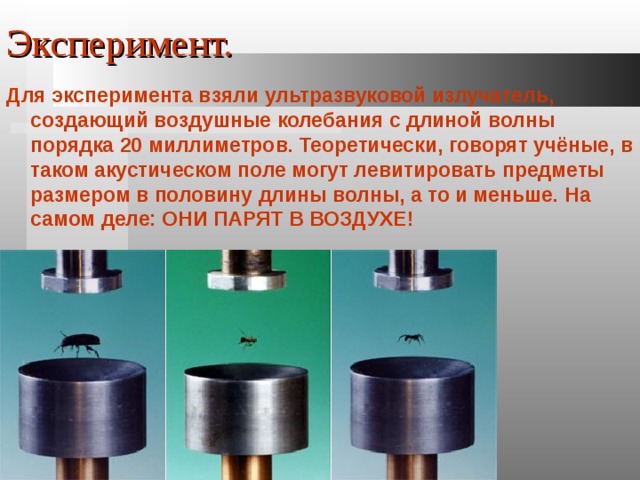 Эксперимент. Для эксперимента взяли ультразвуковой излучатель, создающий воздушные колебания с длиной волны порядка 20 миллиметров. Теоретически, говорят учёные, в таком акустическом поле могут левитировать предметы размером в половину длины волны, а то и меньше. На самом деле: ОНИ ПАРЯТ В ВОЗДУХЕ! 