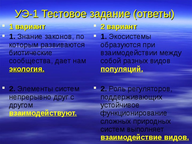 УЭ-1 Тестовое задание (ответы) 1 вариант 1. Знание законов, по которым развиваются биотические сообщества, дает нам  экология. 2 вариант 1. Экосистемы образуются при взаимодействии между собой разных видов  популяций.  2. Элементы систем непрерывно друг с другом  взаимодействуют. 2. Роль регуляторов, поддерживающих устойчивое функционирование сложных природных систем выполняет  взаимодействие видов. 