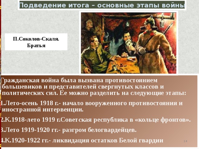 Подведение итога – основные этапы войны П.Соколов-Скаля. Братья Гражданская война была вызвана противостоянием большевиков и представителей свергнутых классов и политических сил. Ее можно разделить на следующие этапы: 1.Лето-осень 1918 г.- начало вооруженного противостояния и иностранной интервенции. 2.К.1918-лето 1919 г.Советская республика в «кольце фронтов». 3.Лето 1919-1920 гг.- разгром белогвардейцев. 4.К.1920-1922 гг.- ликвидация остатков Белой гвардии  