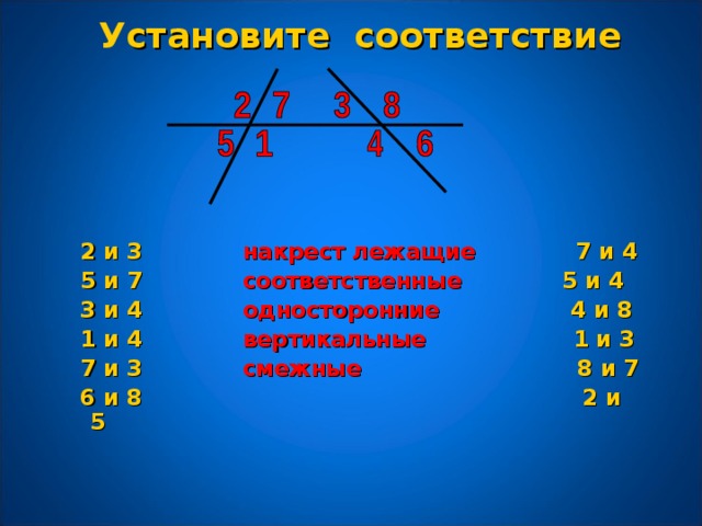 У становите соответствие  2 и 3  накрест лежащие  7 и 4  5 и 7  соответственные  5 и 4   3 и 4  односторонние  4 и 8  1 и 4  вертикальные  1 и 3  7 и 3  смежные  8 и 7  6 и 8  2 и 5